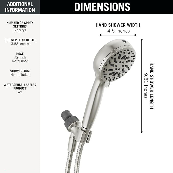 6-Setting Stainless Steel Handheld Shower Head with 72-Inch Hose – Water Saving Design