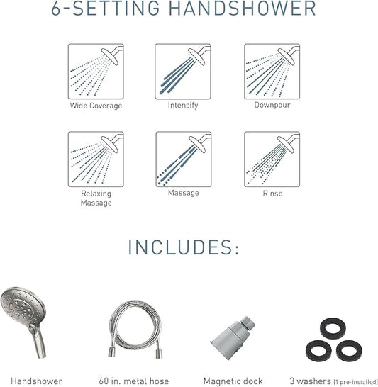 Brushed Nickel Six-Function Removable Handheld Showerhead with Magnetic Docking System, 5.5-Inch
