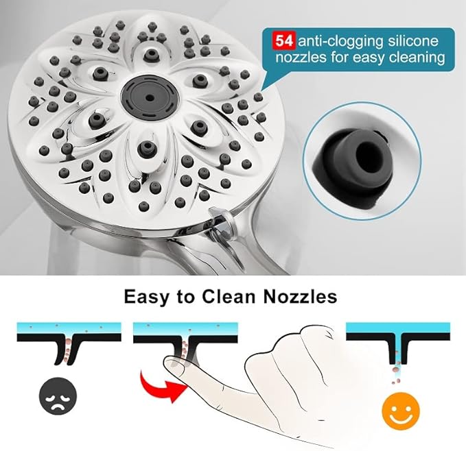 6-Setting Shower Head with Handheld,  High Pressure Hand held Shower Head, 4.7 Inch Chrome Detachable Showerhead Set with 59 Inch Stainless Steel Hose and Adjustable Showerhead Holder