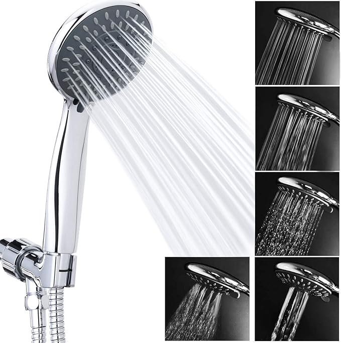 High Pressure Handheld Shower Head 5-Settings Powerful Water Spray Shower Head against Low Pressure Water Flow with Stainless Hose and Adjustable Mount