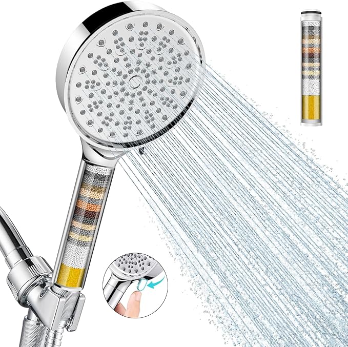 Filtered Shower Head with Handheld, High Pressure 6 Spray Mode Showerhead with Filters, Water Softener Filters Beads for Hard Water - Remove Chlorine - Reduces Dry Itchy Skin, Chrome