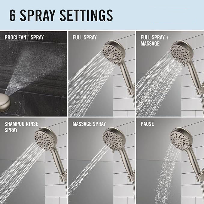 6-Setting Stainless Steel Handheld Shower Head with 72-Inch Hose – Water Saving Design