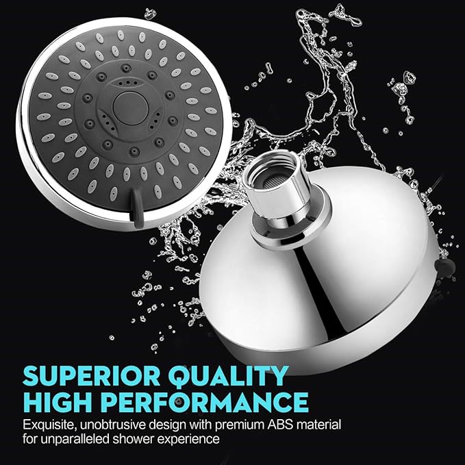 High Pressure Shower Head 5 Settings Fixed Showerhead 4 Inch High Flow Bathroom Showerhead with Adjustable Brass Ball Joint for Luxury Shower Experience Even at Low Water Pressure