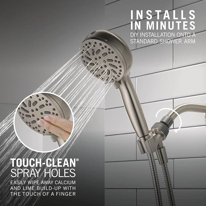 6-Setting Stainless Steel Handheld Shower Head with 72-Inch Hose – Water Saving Design