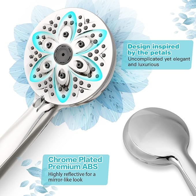 6-Setting Shower Head with Handheld,  High Pressure Hand held Shower Head, 4.7 Inch Chrome Detachable Showerhead Set with 59 Inch Stainless Steel Hose and Adjustable Showerhead Holder
