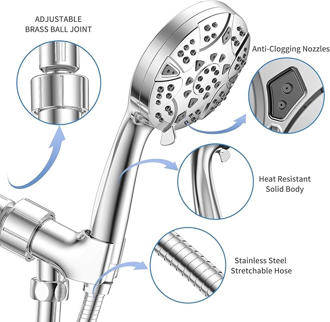 High Pressure 8-mode 5'' Handheld Shower Head with 5 ft Stainless Steel Hose and Adjustable Bracket, Built-in Power Wash to Clean Tub, Clean Corner,Tile & Pets