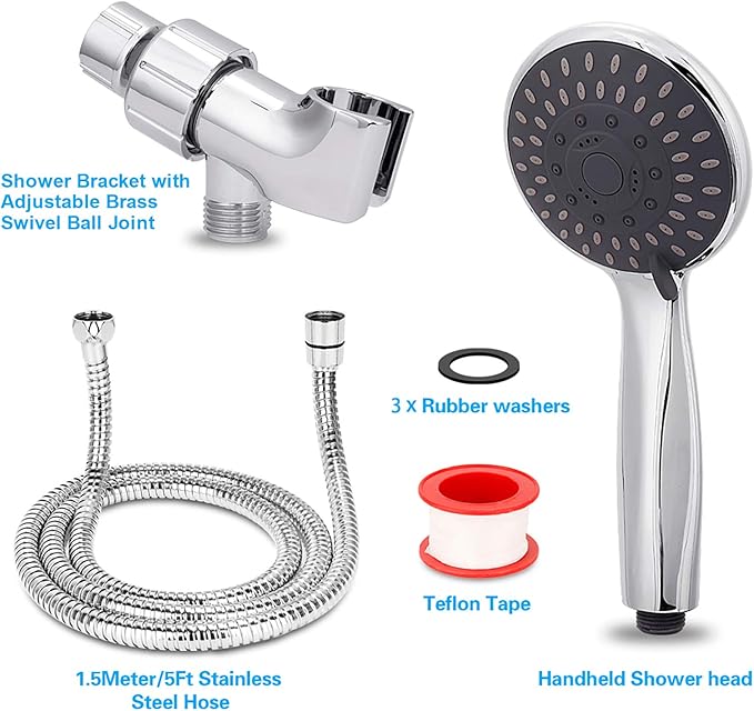 High Pressure Handheld Shower Head 5-Settings Powerful Water Spray Shower Head against Low Pressure Water Flow with Stainless Hose and Adjustable Mount