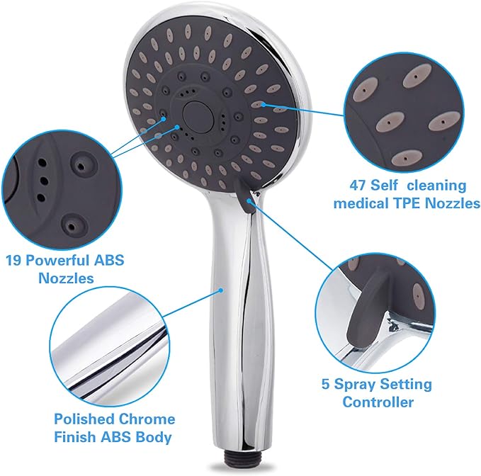 High Pressure Handheld Shower Head 5-Settings Powerful Water Spray Shower Head against Low Pressure Water Flow with Stainless Hose and Adjustable Mount