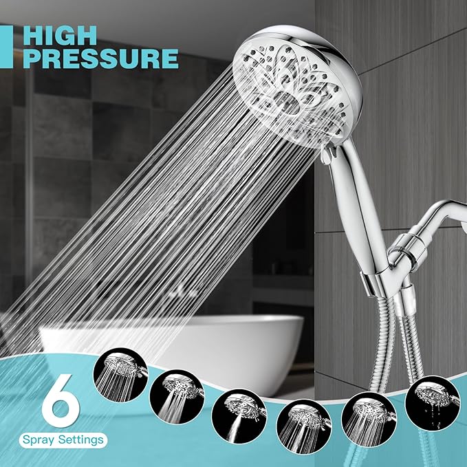 6-Setting Shower Head with Handheld,  High Pressure Hand held Shower Head, 4.7 Inch Chrome Detachable Showerhead Set with 59 Inch Stainless Steel Hose and Adjustable Showerhead Holder