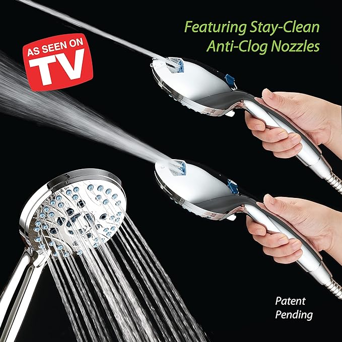 High Pressure 8-mode Handheld Shower Head - Anti-clog Nozzles, Built-in Power Wash to Clean Tub, Tile & Pets, Extra Long 6 ft. Stainless Steel Hose, Wall & Overhead Brackets