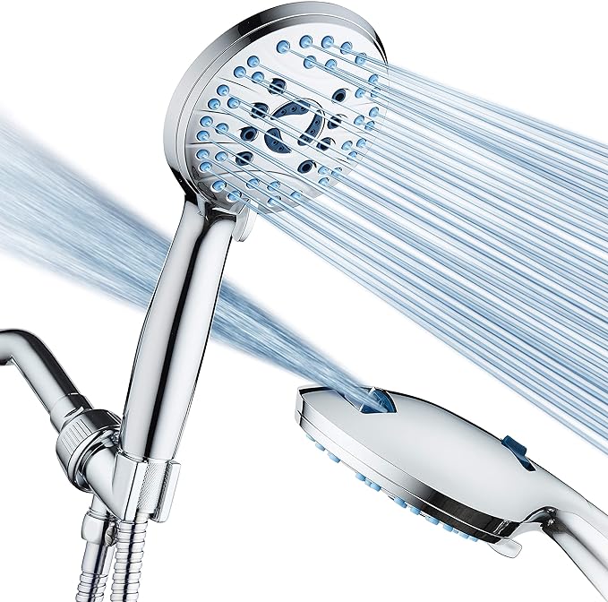High Pressure 8-mode Handheld Shower Head - Anti-clog Nozzles, Built-in Power Wash to Clean Tub, Tile & Pets, Extra Long 6 ft. Stainless Steel Hose, Wall & Overhead Brackets