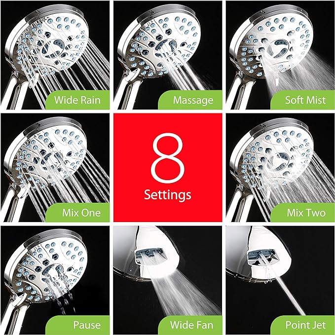 High Pressure 8-mode Handheld Shower Head - Anti-clog Nozzles, Built-in Power Wash to Clean Tub, Tile & Pets, Extra Long 6 ft. Stainless Steel Hose, Wall & Overhead Brackets