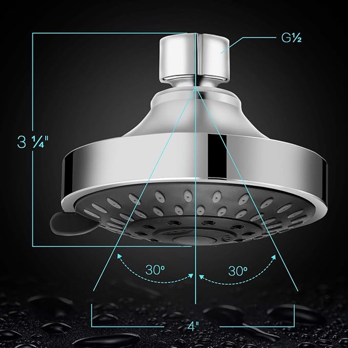 High Pressure Shower Head 5 Settings Fixed Showerhead 4 Inch High Flow Bathroom Showerhead with Adjustable Brass Ball Joint for Luxury Shower Experience Even at Low Water Pressure