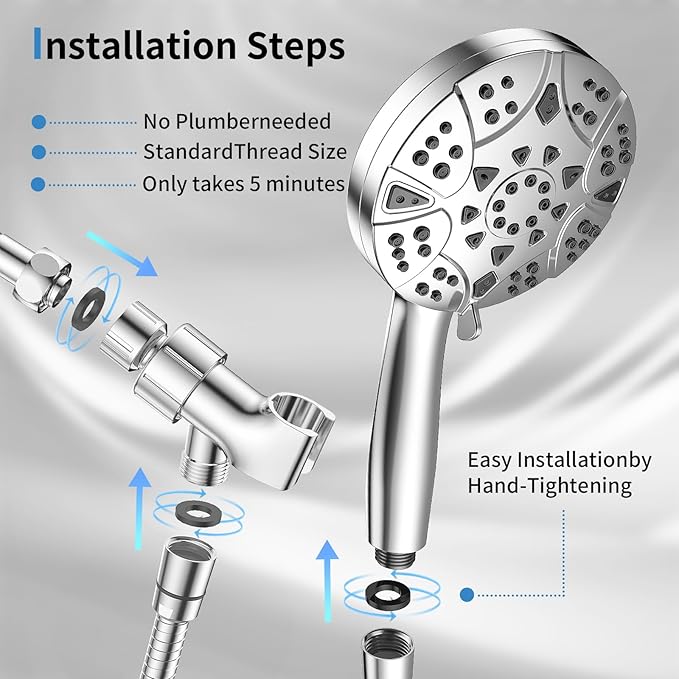 High Pressure 8-mode 5'' Handheld Shower Head with 5 ft Stainless Steel Hose and Adjustable Bracket, Built-in Power Wash to Clean Tub, Clean Corner,Tile & Pets