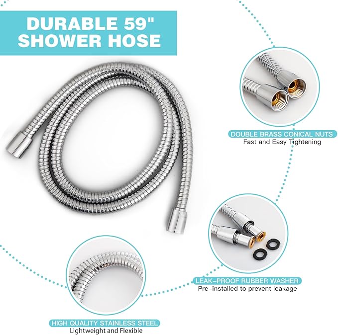 6-Setting Shower Head with Handheld,  High Pressure Hand held Shower Head, 4.7 Inch Chrome Detachable Showerhead Set with 59 Inch Stainless Steel Hose and Adjustable Showerhead Holder