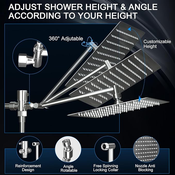 Shower Head, Rain Shower Head with Handheld Spray Combo, 10 Inch Adjustable High Pressure Rainfall Shower Head, Dual Showerhead Set with Extension Arm and 60 Inch Long Shower Hose (Silver)