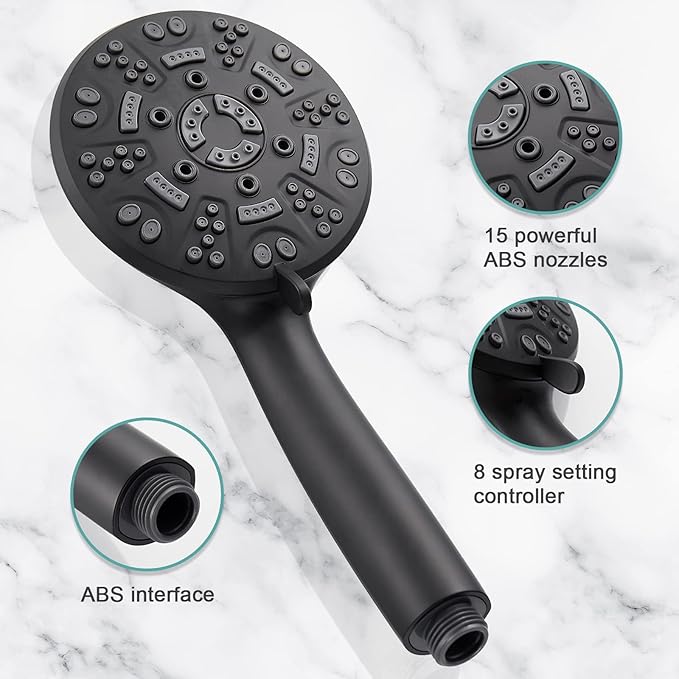 8 Functions Shower Head with handheld, High Pressure Shower Head Set with Hose Adjustable Bracket Rubber Washers (Matte Black)