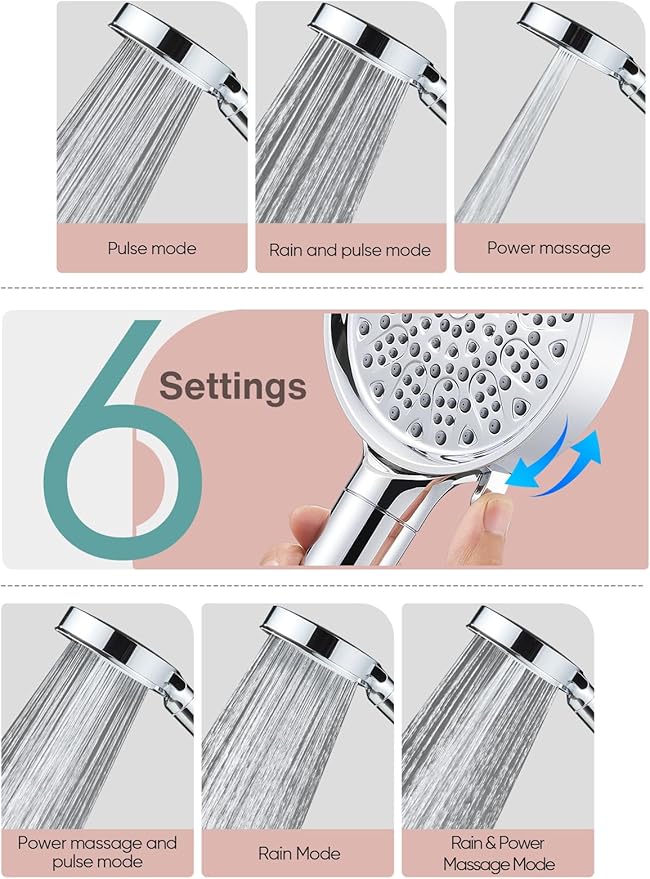 Filtered Shower Head with Handheld, High Pressure 6 Spray Mode Showerhead with Filters, Water Softener Filters Beads for Hard Water - Remove Chlorine - Reduces Dry Itchy Skin, Chrome