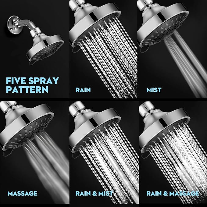 High Pressure Shower Head 5 Settings Fixed Showerhead 4 Inch High Flow Bathroom Showerhead with Adjustable Brass Ball Joint for Luxury Shower Experience Even at Low Water Pressure
