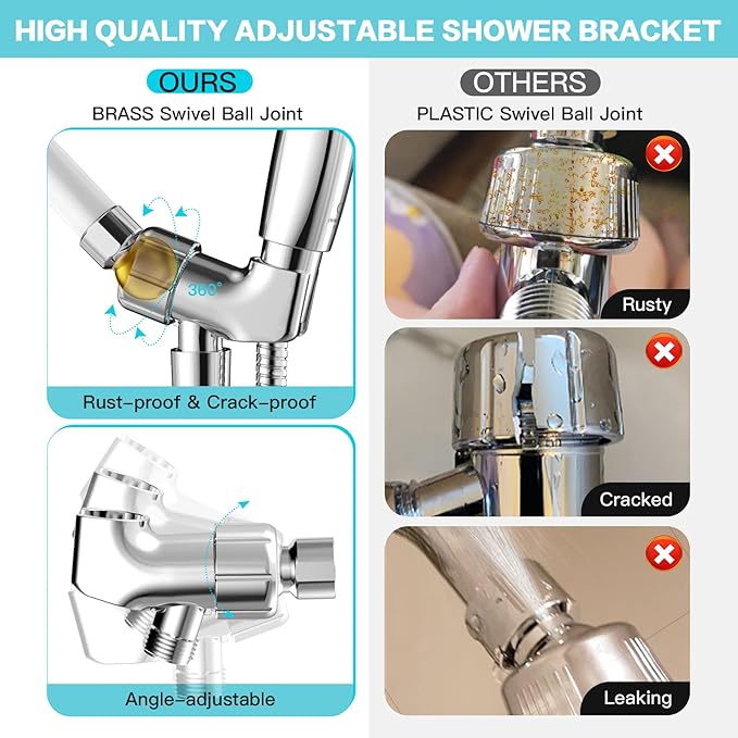 6-Setting Shower Head with Handheld,  High Pressure Hand held Shower Head, 4.7 Inch Chrome Detachable Showerhead Set with 59 Inch Stainless Steel Hose and Adjustable Showerhead Holder