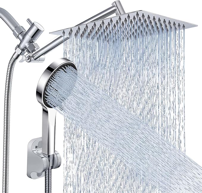 Shower Head, Rain Shower Head with Handheld Spray Combo, 10 Inch Adjustable High Pressure Rainfall Shower Head, Dual Showerhead Set with Extension Arm and 60 Inch Long Shower Hose (Silver)