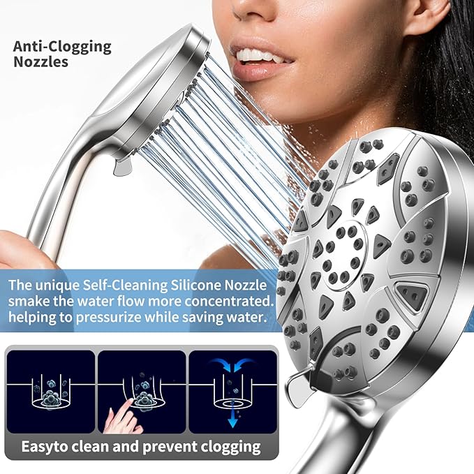 High Pressure 8-mode 5'' Handheld Shower Head with 5 ft Stainless Steel Hose and Adjustable Bracket, Built-in Power Wash to Clean Tub, Clean Corner,Tile & Pets