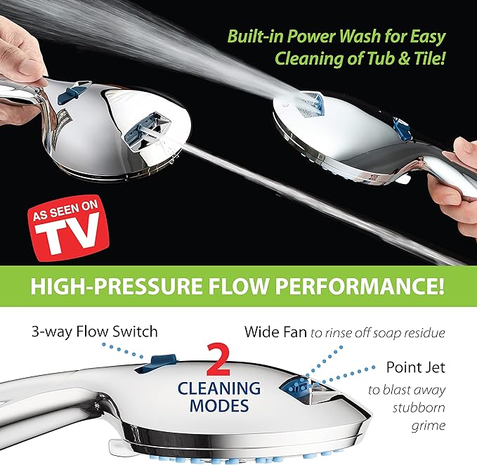 High Pressure 8-mode Handheld Shower Head - Anti-clog Nozzles, Built-in Power Wash to Clean Tub, Tile & Pets, Extra Long 6 ft. Stainless Steel Hose, Wall & Overhead Brackets