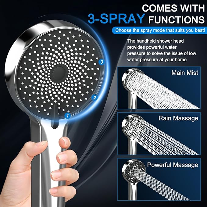 Shower Head, Rain Shower Head with Handheld Spray Combo, 10 Inch Adjustable High Pressure Rainfall Shower Head, Dual Showerhead Set with Extension Arm and 60 Inch Long Shower Hose (Silver)
