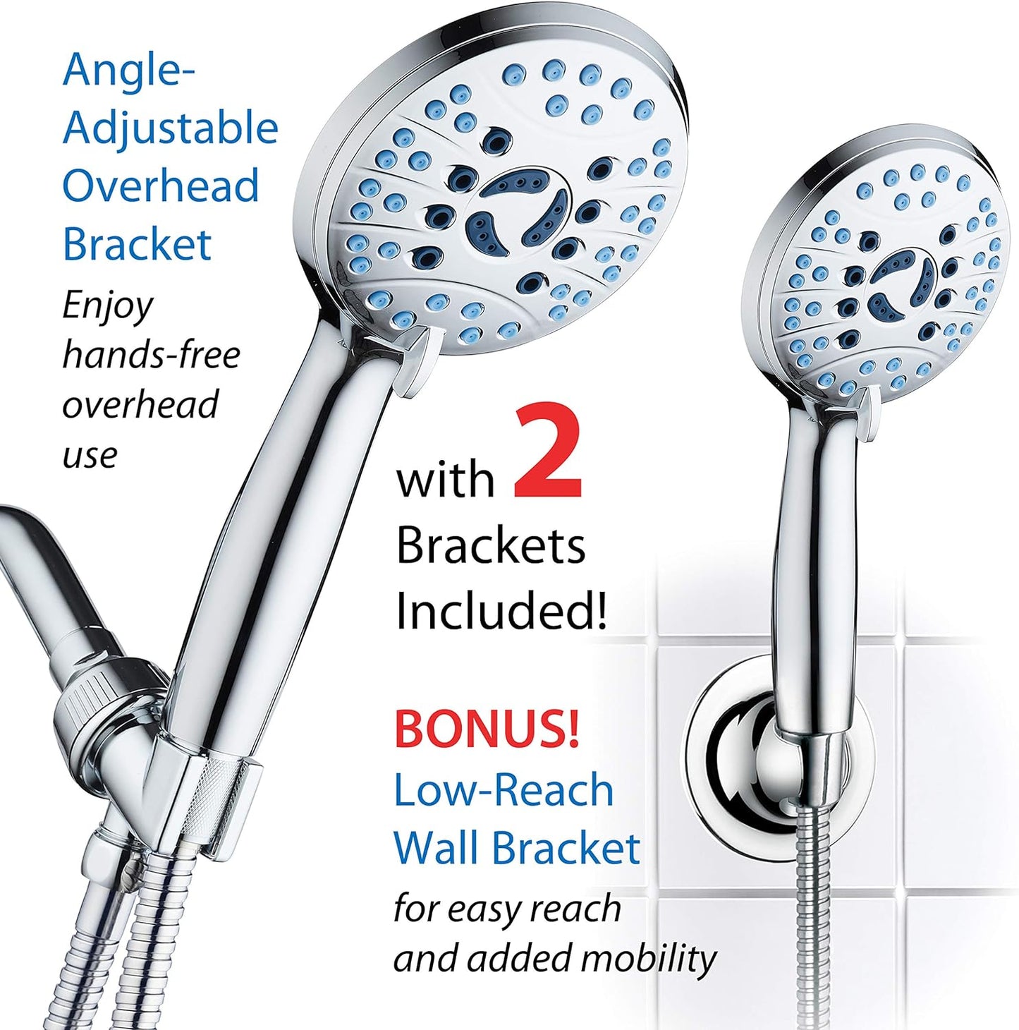 High Pressure 8-mode Handheld Shower Head - Anti-clog Nozzles, Built-in Power Wash to Clean Tub, Tile & Pets, Extra Long 6 ft. Stainless Steel Hose, Wall & Overhead Brackets