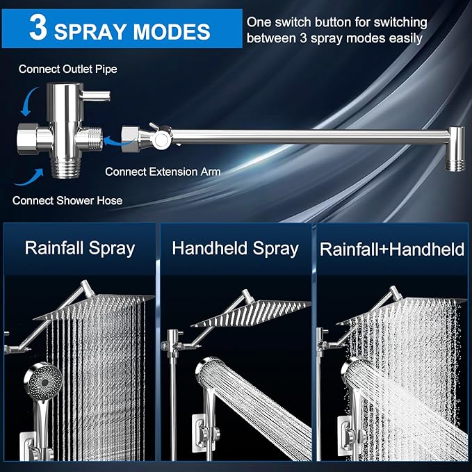 Shower Head, Rain Shower Head with Handheld Spray Combo, 10 Inch Adjustable High Pressure Rainfall Shower Head, Dual Showerhead Set with Extension Arm and 60 Inch Long Shower Hose (Silver)